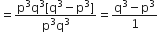 equals fraction numerator straight p cubed straight q cubed left square bracket straight q cubed minus straight p cubed right square bracket over denominator straight p cubed straight q cubed end fraction equals fraction numerator straight q cubed minus straight p cubed over denominator 1 end fraction