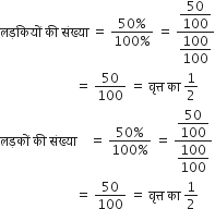 लड़क ि य ों space क ी space स ं ख ् य ा space equals space fraction numerator 50 percent sign over denominator 100 percent sign end fraction space equals space fraction numerator begin display style 50 over 100 end style over denominator begin display style 100 over 100 end style end fraction
space space space space space space space space space space space space space space space space space space space space space space space equals space 50 over 100 space equals space व ृ त ् त space क ा space 1 half
लड़क ों space क ी space स ं ख ् य ा space space space space equals space fraction numerator 50 percent sign over denominator 100 percent sign end fraction space equals space fraction numerator begin display style 50 over 100 end style over denominator begin display style 100 over 100 end style end fraction
space space space space space space space space space space space space space space space space space space space space space space space equals space 50 over 100 space equals space व ृ त ् त space क ा space 1 half