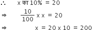 therefore space space space space space space space straight x space क ा space 10 percent sign space equals space 20
rightwards double arrow space space space space space space space space 10 over 100 space straight x space straight x space equals space 20
rightwards double arrow space space space space space space space space space space space space space space space space space space straight x space equals space 20 space straight x space 10 space equals space 200