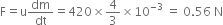 straight F equals straight u dm over dt equals 420 cross times 4 over 3 cross times 10 to the power of negative 3 end exponent space equals space 0.56 space straight N