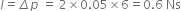 I italic equals italic increment p space equals space 2 cross times 0.05 cross times 6 equals 0.6 space Ns