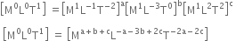 open square brackets straight M to the power of 0 straight L to the power of 0 straight T to the power of 1 close square brackets space equals open square brackets straight M to the power of 1 straight L to the power of negative 1 end exponent straight T to the power of negative 2 end exponent close square brackets to the power of straight a open square brackets straight M to the power of 1 straight L to the power of negative 3 end exponent straight T to the power of 0 close square brackets to the power of straight b open square brackets straight M to the power of 1 straight L squared straight T squared close square brackets to the power of straight c space

space open square brackets straight M to the power of 0 straight L to the power of 0 straight T to the power of 1 close square brackets space equals space open square brackets straight M to the power of straight a plus straight b plus straight c end exponent straight L to the power of negative straight a minus 3 straight b plus 2 straight c end exponent straight T to the power of negative 2 straight a minus 2 straight c end exponent close square brackets