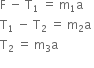 straight F space minus space straight T subscript 1 space equals space straight m subscript 1 straight a space
straight T subscript 1 space minus space straight T subscript 2 space equals space straight m subscript 2 straight a space
straight T subscript 2 space equals space straight m subscript 3 straight a space
