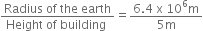 fraction numerator Radius space of space the space earth over denominator Height space of space building space end fraction equals fraction numerator 6.4 space straight x space 10 to the power of 6 straight m over denominator 5 straight m end fraction