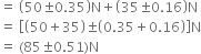 
equals space open parentheses 50 plus-or-minus 0.35 close parentheses straight N plus open parentheses 35 plus-or-minus 0.16 close parentheses straight N
equals space open square brackets open parentheses 50 plus 35 close parentheses plus-or-minus open parentheses 0.35 plus 0.16 close parentheses close square brackets straight N
equals space left parenthesis 85 plus-or-minus 0.51 right parenthesis straight N
