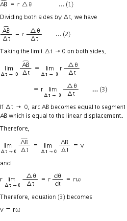 AB with overparenthesis on top space equals space straight r space triangle straight theta space space space space space space space space space space space space space space space space space space... space left parenthesis 1 right parenthesis

Dividing space both space sides space by space increment straight t comma space we space have

fraction numerator AB with overparenthesis on top over denominator increment straight t end fraction space equals space straight r space fraction numerator space triangle straight theta over denominator increment straight t end fraction space space space space space space space space space... space left parenthesis 2 right parenthesis

Taking space the space limit space increment straight t space rightwards arrow 0 space on space both space sides comma space

limit as increment straight t space rightwards arrow space 0 of space fraction numerator AB with overparenthesis on top over denominator increment straight t end fraction space equals stack space lim with increment straight t space rightwards arrow space 0 below space straight r space fraction numerator space triangle straight theta over denominator increment straight t end fraction

space space space space space space space space space space space space space space space space space space space space space space equals space straight r stack space lim with increment straight t space rightwards arrow space 0 below space fraction numerator space triangle straight theta over denominator increment straight t end fraction space space space space space space space space space... space left parenthesis 3 right parenthesis

If space increment straight t space rightwards arrow space 0 comma space arc space AB space becomes space equal space to space segment space
AB space which space is space equal space to space the space linear space displacement.

Therefore comma space

stack lim space with increment straight t space rightwards arrow 0 below space fraction numerator AB with overparenthesis on top over denominator increment straight t end fraction space equals space stack lim space with increment straight t space rightwards arrow 0 below space fraction numerator AB over denominator increment straight t end fraction space equals space straight v space

and

straight r space stack lim space with increment straight t space rightwards arrow 0 below space fraction numerator space triangle straight theta over denominator increment straight t end fraction space equals space straight r space dθ over dt space equals space rω space

Therefore comma space equation space left parenthesis 3 right parenthesis space becomes

straight v space equals space rω
