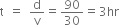 straight t space equals space straight d over straight v equals 90 over 30 equals 3 hr