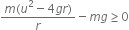 fraction numerator m left parenthesis u squared minus 4 g r right parenthesis over denominator r end fraction minus m g greater or equal than 0