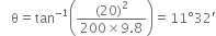 space space straight theta equals tan to the power of negative 1 end exponent open parentheses fraction numerator left parenthesis 20 right parenthesis squared over denominator 200 cross times 9.8 end fraction close parentheses equals 11 degree 32 apostrophe