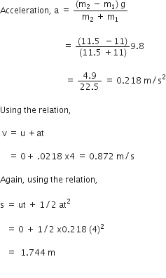 Acceleration comma space straight a space equals space fraction numerator left parenthesis straight m subscript 2 space minus space straight m subscript 1 right parenthesis space straight g over denominator straight m subscript 2 space plus space straight m subscript 1 end fraction space

space space space space space space space space space space space space space space space space space space space space space space space space space space space space space space equals space fraction numerator left parenthesis 11.5 space space minus 11 right parenthesis over denominator left parenthesis 11.5 space plus 11 right parenthesis end fraction 9.8

space space space space space space space space space space space space space space space space space space space space space space space space space space space space space space space equals space fraction numerator 4.9 over denominator 22.5 end fraction space equals space 0.218 space straight m divided by straight s squared

Using space the space relation comma

space straight v space equals space straight u space plus at

space space space space equals space 0 plus space.0218 space straight x 4 space equals space 0.872 space straight m divided by straight s

Again comma space using space the space relation comma space

straight s space equals space ut space plus space 1 divided by 2 space at squared

space space space equals space 0 space plus space 1 divided by 2 space straight x 0.218 space left parenthesis 4 right parenthesis squared space

space space space equals space space 1.744 space straight m

space space space space space space space space space space space space space space