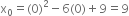 straight x subscript 0 equals left parenthesis 0 right parenthesis squared minus 6 left parenthesis 0 right parenthesis plus 9 equals 9