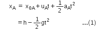 space space space space space space straight x subscript straight A space equals space straight x subscript 0 straight A end subscript plus straight u subscript straight A straight t plus 1 half straight a subscript straight A straight t to the power of 2 space end exponent
space space space space space space space space space space space equals straight h minus 1 half gt squared space space space space space space space space space space space space space space space space space space space space space space... left parenthesis 1 right parenthesis