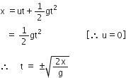 straight x space equals ut plus 1 half gt squared
space space space equals space 1 half gt squared space space space space space space space space space space space space space space space space space space space space space open square brackets therefore space straight u equals 0 close square brackets

therefore space space space space space straight t space equals space plus-or-minus square root of fraction numerator 2 straight x over denominator straight g end fraction end root