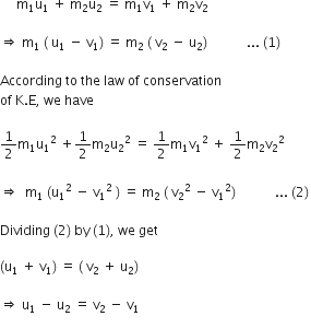 space space space space space straight m subscript 1 straight u subscript 1 space plus space straight m subscript 2 straight u subscript 2 space equals space straight m subscript 1 straight v subscript 1 space plus space straight m subscript 2 straight v subscript 2 space

rightwards double arrow space straight m subscript 1 space left parenthesis space straight u subscript 1 space minus space straight v subscript 1 right parenthesis space equals space straight m subscript 2 space left parenthesis space straight v subscript 2 space minus space straight u subscript 2 right parenthesis space space space space space space space space space space space space... space left parenthesis 1 right parenthesis thin space

According space to space the space law space of space conservation space
of space straight K. straight E comma space we space have

1 half straight m subscript 1 straight u subscript 1 squared space plus 1 half straight m subscript 2 straight u subscript 2 squared space equals space 1 half straight m subscript 1 straight v subscript 1 squared space plus space 1 half straight m subscript 2 straight v subscript 2 squared

rightwards double arrow space space straight m subscript 1 space left parenthesis straight u subscript 1 squared space minus space straight v subscript 1 squared space right parenthesis space equals space straight m subscript 2 space left parenthesis space straight v subscript 2 squared space minus space straight v subscript 1 squared right parenthesis space space space space space space space space space space space space... space left parenthesis 2 right parenthesis thin space

Dividing space left parenthesis 2 right parenthesis space by space left parenthesis 1 right parenthesis comma space we space get space

left parenthesis straight u subscript 1 space plus space straight v subscript 1 right parenthesis space equals space left parenthesis space straight v subscript 2 space plus space straight u subscript 2 right parenthesis space

rightwards double arrow space straight u subscript 1 space minus space straight u subscript 2 space equals space straight v subscript 2 space minus space straight v subscript 1 space
