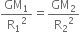 GM subscript 1 over straight R subscript 1 squared equals GM subscript 2 over straight R subscript 2 squared