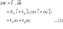 dW space equals straight F with rightwards harpoon with barb upwards on top space. space AB with rightwards harpoon with barb upwards on top

space space space space space space equals left parenthesis straight F subscript straight x space straight i with hat on top plus straight F subscript straight y space straight j with hat on top right parenthesis. left parenthesis dx space straight i with hat on top plus dy space straight j with hat on top right parenthesis space

space space space space space space equals straight F subscript straight x dx plus straight F subscript straight y dy space space space space space space space space space space space space space space space space space space space space space space space space space space... left parenthesis 1 right parenthesis
