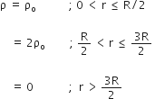 straight rho space equals space straight rho subscript straight o space space space space space space space space space space space space semicolon space 0 space less than space straight r space less or equal than space straight R divided by 2

space space space space equals space 2 straight rho subscript straight o space space space space space space space space space semicolon space straight R over 2 space less than thin space straight r space less or equal than space fraction numerator 3 straight R over denominator 2 end fraction space

space space space space equals space 0 space space space space space space space space space space space space space semicolon space space straight r space greater than thin space fraction numerator 3 straight R over denominator 2 end fraction space