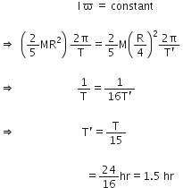 space space space space space space space space space space space space space space space space space space space space space space space space space space space space space straight I space straight ϖ space equals space constant

rightwards double arrow space space open parentheses 2 over 5 MR squared close parentheses space fraction numerator 2 straight pi over denominator straight T end fraction equals 2 over 5 straight M open parentheses straight R over 4 close parentheses squared fraction numerator 2 straight pi over denominator straight T apostrophe end fraction space

rightwards double arrow space space space space space space space space space space space space space space space space space space space space space space space 1 over straight T equals fraction numerator 1 over denominator 16 straight T apostrophe end fraction space

rightwards double arrow space space space space space space space space space space space space space space space space space space space space space space space space space straight T apostrophe equals straight T over 15 space

space space space space space space space space space space space space space space space space space space space space space space space space space space space space space space space space equals 24 over 16 hr equals 1.5 space hr space