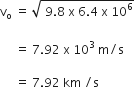 straight v subscript straight o space equals space square root of space 9.8 space straight x space 6.4 space straight x space 10 to the power of 6 end root space

space space space space space equals space 7.92 space straight x space 10 cubed space straight m divided by straight s

space space space space space equals space 7.92 space km space divided by straight s