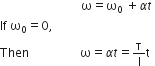 space space space space space space space space space space space space space space space space space space space space space space space space space space space straight omega equals straight omega subscript 0 space plus alpha t space
If space straight omega subscript 0 equals 0 comma space
Then space space space space space space space space space space space space space space space space space straight omega equals alpha t equals straight tau over straight I straight t