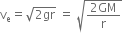 straight v subscript straight e equals square root of 2 gr end root space equals space square root of fraction numerator 2 GM over denominator straight r end fraction end root