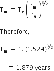 straight T subscript straight m space equals space straight T subscript straight e space open parentheses straight r subscript straight m over straight r subscript straight e close parentheses to the power of begin inline style bevelled 3 over 2 end style end exponent space

Therefore comma space

straight T subscript straight m space equals space 1. space left parenthesis 1.524 right parenthesis to the power of begin inline style bevelled 3 over 2 end style end exponent space
space
space space space space space equals space 1.879 space years