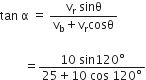 tan space straight alpha space equals space fraction numerator straight v subscript straight r space sinθ over denominator straight v subscript straight b plus straight v subscript straight r cosθ end fraction

space space space space space space space space equals fraction numerator 10 space sin 120 degree over denominator 25 plus 10 space cos space 120 degree end fraction