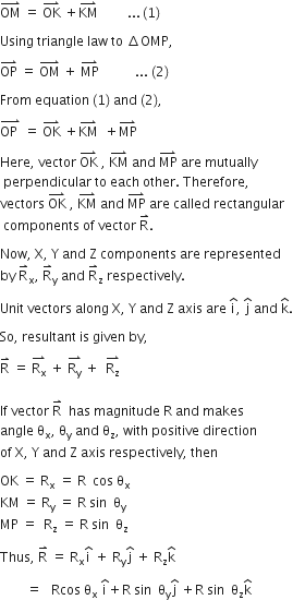 OM with rightwards harpoon with barb upwards on top space equals space OK with rightwards harpoon with barb upwards on top space plus KM with rightwards harpoon with barb upwards on top space space space space space space space space space... thin space left parenthesis 1 right parenthesis

Using space triangle space law space to space increment OMP comma

OP with rightwards harpoon with barb upwards on top space equals space OM with rightwards harpoon with barb upwards on top space plus space MP with rightwards harpoon with barb upwards on top space space space space space space space space space space space... space left parenthesis 2 right parenthesis space

From space equation space left parenthesis 1 right parenthesis space and space left parenthesis 2 right parenthesis comma space

stack OP space with rightwards harpoon with barb upwards on top space equals space OK with rightwards harpoon with barb upwards on top space plus KM with rightwards harpoon with barb upwards on top space space plus MP with rightwards harpoon with barb upwards on top

Here comma space vector space OK with rightwards harpoon with barb upwards on top space comma space KM with rightwards harpoon with barb upwards on top space and space MP with rightwards harpoon with barb upwards on top space are space mutually
space perpendicular space to space each space other. space Therefore comma space
vectors space OK with rightwards harpoon with barb upwards on top space comma space KM with rightwards harpoon with barb upwards on top space and space MP with rightwards harpoon with barb upwards on top space are space called space rectangular
space components space of space vector space straight R with rightwards harpoon with barb upwards on top. space

Now comma space straight X comma space straight Y space and space straight Z space components space are space represented space
by space straight R with rightwards harpoon with barb upwards on top subscript straight x comma space straight R with rightwards harpoon with barb upwards on top subscript straight y space and space straight R with rightwards harpoon with barb upwards on top subscript straight z space respectively.

Unit space vectors space along space straight X comma space straight Y space and space straight Z space axis space are space straight i with hat on top comma space straight j with hat on top space and space straight k with hat on top.

So comma space resultant space is space given space by comma space

straight R with rightwards harpoon with barb upwards on top space equals space stack straight R subscript straight x with rightwards harpoon with barb upwards on top space plus space stack straight R subscript straight y with rightwards harpoon with barb upwards on top space plus space space stack straight R subscript straight z with rightwards harpoon with barb upwards on top
space
If space vector space straight R with rightwards harpoon with barb upwards on top space space has space magnitude space straight R space and space makes
angle space straight theta subscript straight x comma space straight theta subscript straight y space and space straight theta subscript straight z comma space with space positive space direction space
of space straight X comma space straight Y space and space straight Z space axis space respectively comma space then

OK space equals space straight R subscript straight x space equals space straight R space space cos space straight theta subscript straight x
KM space equals space straight R subscript straight y space equals space straight R space sin space space straight theta subscript straight y
MP space equals space space straight R subscript straight z space equals space straight R space sin space space straight theta subscript straight z

Thus comma space straight R with rightwards harpoon with barb upwards on top space equals space straight R subscript straight x straight i with hat on top space plus space straight R subscript straight y straight j with hat on top space plus space straight R subscript straight z straight k with hat on top

space space space space space space space space equals space space space Rcos space straight theta subscript straight x space straight i with hat on top plus straight R space sin space space straight theta subscript straight y straight j with hat on top space plus straight R space sin space space straight theta subscript straight z straight k with hat on top