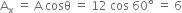 straight A subscript straight x space equals space straight A space cosθ space equals space 12 space cos space 60 degree space equals space 6