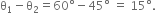 straight theta subscript 1 minus straight theta subscript 2 equals 60 degree minus 45 degree space equals space 15 degree.