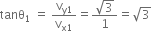 tanθ subscript 1 space equals space straight v subscript straight y 1 end subscript over straight v subscript straight x 1 end subscript equals fraction numerator square root of 3 over denominator 1 end fraction equals square root of 3