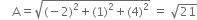 space space space space straight A equals square root of left parenthesis negative 2 right parenthesis squared plus left parenthesis 1 right parenthesis squared plus left parenthesis 4 right parenthesis squared end root space equals space square root of 21