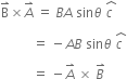 straight B with rightwards harpoon with barb upwards on top cross times A with rightwards harpoon with barb upwards on top space equals space B A space sin theta space stack c space with hat on top

space space space space space space space space space space equals space minus A B space sin theta space stack c space with hat on top

space space space space space space space space space space equals space minus A with rightwards harpoon with barb upwards on top space cross times space B with rightwards harpoon with barb upwards on top