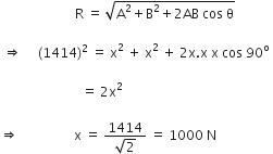 space space space space space space space space space space space space space space space space space space space space space space space straight R space equals space square root of straight A squared plus straight B squared plus 2 AB space cos space straight theta end root space

space rightwards double arrow space space space space space left parenthesis 1414 right parenthesis squared space equals space straight x squared space plus space straight x squared space plus space 2 straight x. straight x space straight x space cos space 90 to the power of straight o space

space space space space space space space space space space space space space space space space space space space space space space space space space equals space 2 straight x squared space

rightwards double arrow space space space space space space space space space space space space space space space space space straight x space equals space fraction numerator 1414 over denominator square root of 2 end fraction space equals space 1000 space straight N