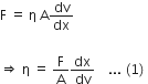 straight F space equals space straight eta space straight A dv over dx

rightwards double arrow space straight eta space equals space straight F over straight A dx over dv space space space space... thin space left parenthesis 1 right parenthesis thin space