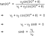 tan 90 degree space equals space fraction numerator straight v subscript 2 sin left parenthesis 90 degree plus straight theta right parenthesis over denominator straight v subscript 1 plus straight v subscript 2 cos left parenthesis 90 degree plus straight theta right parenthesis end fraction

rightwards double arrow space space space space space space space straight v subscript 1 plus straight v subscript 2 space cos left parenthesis 90 degree plus straight theta right parenthesis space equals space 0

rightwards double arrow space space space space space space space space space space space space space space space space space space space space space straight v subscript 1 minus straight v subscript 2 space sinθ space equals space 0
rightwards double arrow space space space space space space space space space space space space space space space space space space sinθ space equals space straight v subscript 1 over straight v subscript 2