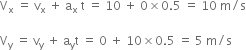 straight V subscript straight x space equals space straight v subscript straight x space plus space straight a subscript straight x space straight t space equals space 10 space plus space 0 cross times 0.5 space equals space 10 space straight m divided by straight s

straight V subscript straight y space equals space straight v subscript straight y space plus space straight a subscript straight y straight t space equals space 0 space plus space 10 cross times 0.5 space equals space 5 space straight m divided by straight s space
