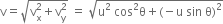 straight v equals square root of straight v subscript straight x superscript 2 plus straight v subscript straight y superscript 2 end root space equals space square root of straight u squared space cos squared straight theta plus left parenthesis negative straight u space sin space straight theta right parenthesis squared end root