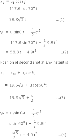 straight x subscript 1 space equals space straight u subscript 1 space cosθ subscript 1 straight t space
space space space space equals space 117.6 space cos space 30 to the power of straight o space straight t space

space space space space equals space 58.8 square root of 3 space straight t space space space space space space space space space space space space space space space space space space space space space space space space space space space space space space space space... left parenthesis 1 right parenthesis space

straight y subscript 1 space equals space straight u subscript 1 sinθ subscript 1 straight t space minus space 1 half gt squared space
space space space space space equals space 117.6 space sin space 30 to the power of straight o space straight t space minus 1 half 9.8 space straight t squared space
space space space space space equals space 58.8 space straight t space minus space 4.9 straight t squared space space space space space space space space space space space space space space space space space space space space space space space space space... left parenthesis 2 right parenthesis space

Position space of space second space shot space at space any space instant space is

straight x subscript 2 space equals space straight x subscript infinity space plus space straight u subscript 2 cosθ subscript 2 space straight t space
space
space space space space equals space 19.6 square root of 3 space plus space straight u space cos 60 to the power of straight o straight t space

space space space space equals space 19.6 space square root of 3 space plus straight u over 2 straight t space space space space space space space space space space space space space space space space space space space space space space... left parenthesis 3 right parenthesis

straight y subscript 2 space equals space straight u subscript 2 sin space straight theta subscript 2 straight t space minus space 1 half gt squared space
space space space space equals space straight u space sin space 60 to the power of 0 space straight t space minus 1 half 9.8 straight t squared space
space space space space equals space fraction numerator straight u square root of 3 over denominator 2 end fraction straight t space minus space 4.9 space straight t squared space space space space space space space space space space space space space space space space space space space space space space... left parenthesis 4 right parenthesis