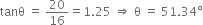 tanθ space equals space 20 over 16 equals 1.25 space rightwards double arrow space straight theta space equals space 51.34 degree