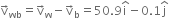straight v with rightwards arrow on top subscript wb equals straight v with rightwards arrow on top subscript straight w minus straight v with rightwards arrow on top subscript straight b equals 50.9 straight i with hat on top minus 0.1 straight j with hat on top