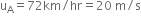 straight u subscript straight A equals 72 km divided by hr equals 20 space straight m divided by straight s