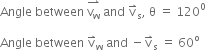 Angle space between space stack straight v subscript straight w with rightwards harpoon with barb upwards on top space and space straight v with rightwards harpoon with barb upwards on top subscript straight s comma space straight theta space equals space 120 to the power of 0

Angle space between space straight v with rightwards harpoon with barb upwards on top subscript straight w space and space minus straight v with rightwards harpoon with barb upwards on top subscript straight s space equals space 60 to the power of straight o