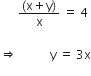 space space space space space space fraction numerator left parenthesis straight x plus straight y right parenthesis over denominator straight x end fraction space equals space 4 space

rightwards double arrow space space space space space space space space space space space straight y space equals space 3 straight x

