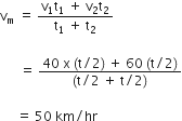 straight v subscript straight m space equals space fraction numerator straight v subscript 1 straight t subscript 1 space plus space straight v subscript 2 straight t subscript 2 over denominator straight t subscript 1 space plus space straight t subscript 2 end fraction space

space space space space space space equals space fraction numerator 40 space straight x space left parenthesis straight t divided by 2 right parenthesis space plus space 60 space left parenthesis straight t divided by 2 right parenthesis over denominator left parenthesis straight t divided by 2 space plus space straight t divided by 2 right parenthesis end fraction

space space space space space equals space 50 space km divided by hr