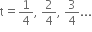 straight t equals 1 fourth comma space 2 over 4 comma space 3 over 4...