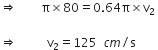 rightwards double arrow space space space space space space space space straight pi cross times 80 equals 0.64 straight pi cross times straight v subscript 2 space

rightwards double arrow space space space space space space space space space space straight v subscript 2 equals 125 space space c m divided by straight s