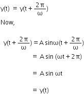 straight y left parenthesis straight t right parenthesis space equals space straight y left parenthesis straight t plus fraction numerator 2 straight pi over denominator straight omega end fraction right parenthesis
Now comma

space space straight y left parenthesis straight t plus fraction numerator 2 straight pi over denominator straight omega end fraction right parenthesis equals straight A space sinω left parenthesis straight t plus fraction numerator 2 straight pi over denominator straight omega end fraction right parenthesis
space space space space space space space space space space space space space space space space space space space space equals space straight A space sin space left parenthesis ωt plus 2 straight pi right parenthesis

space space space space space space space space space space space space space space space space space space space space equals space straight A space sin space ωt

space space space space space space space space space space space space space space space space space space space space equals space straight y left parenthesis straight t right parenthesis