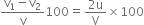 fraction numerator straight v subscript 1 minus straight v subscript 2 over denominator straight v end fraction 100 equals fraction numerator 2 straight u over denominator straight V end fraction cross times 100