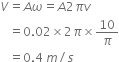 V equals A omega equals A 2 pi v
space space space equals 0.02 cross times 2 pi cross times 10 over pi
space space space equals 0.4 space m divided by s